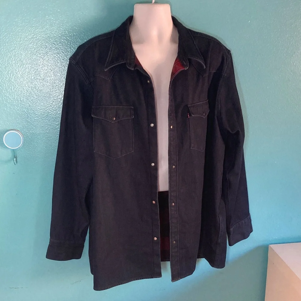 Levis Mens Size XXL Dark Blue Denim Cotton Lined Jacket Snap Front Relaxed Fit